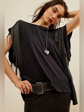 Free People Tricia Fix Black Fringed Short Sleeve Tee